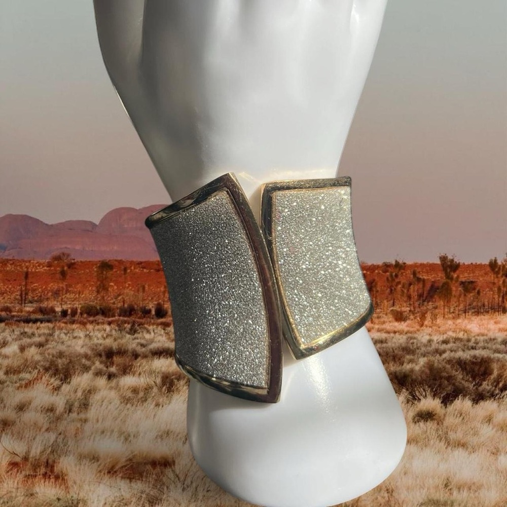 Chunky Silver Glitter gold tone asymmetrical  Hinged Bracelet